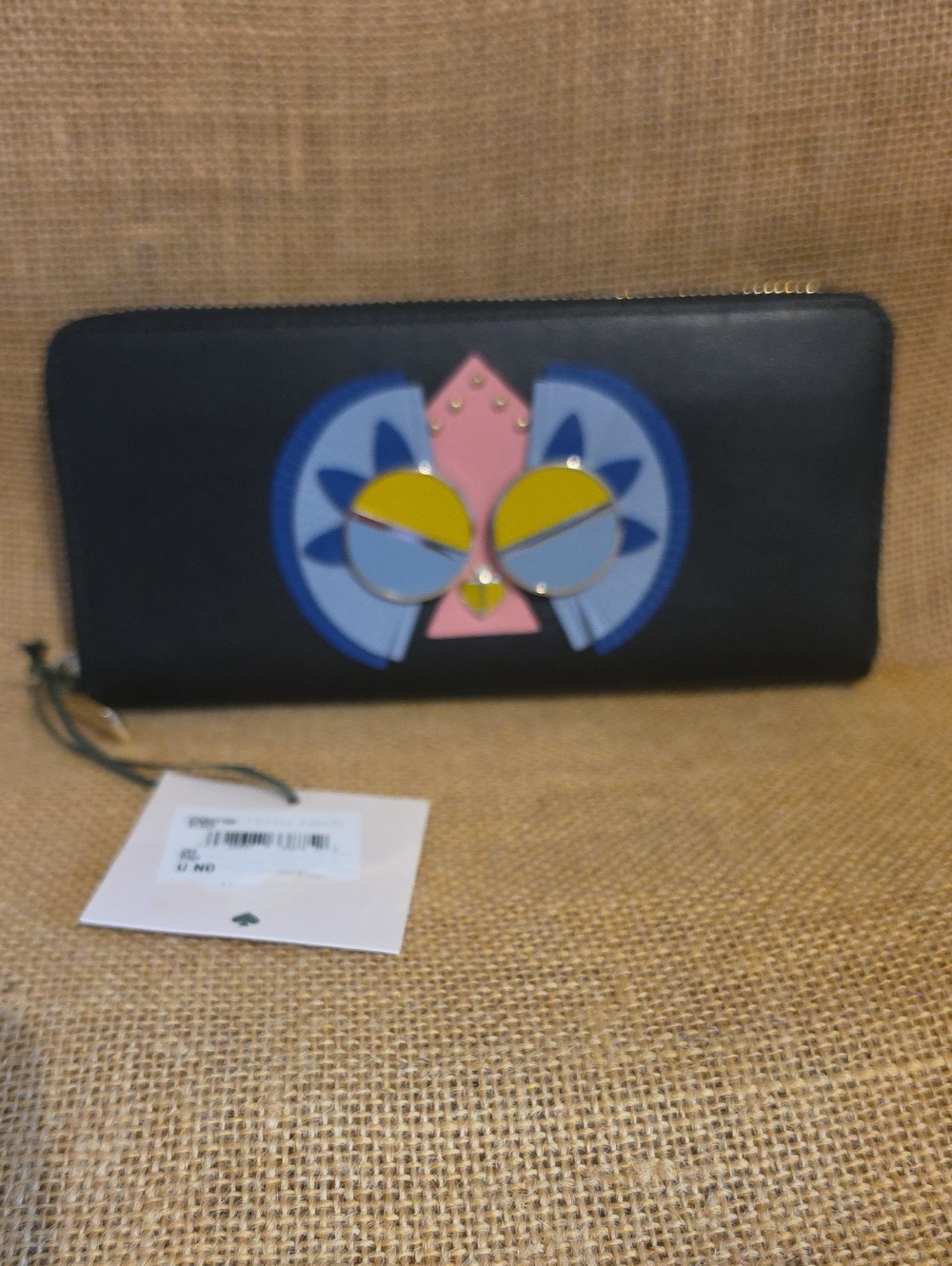 kate spade Black Zip-Around Wallet with Multicolor Geometric Applique NWT